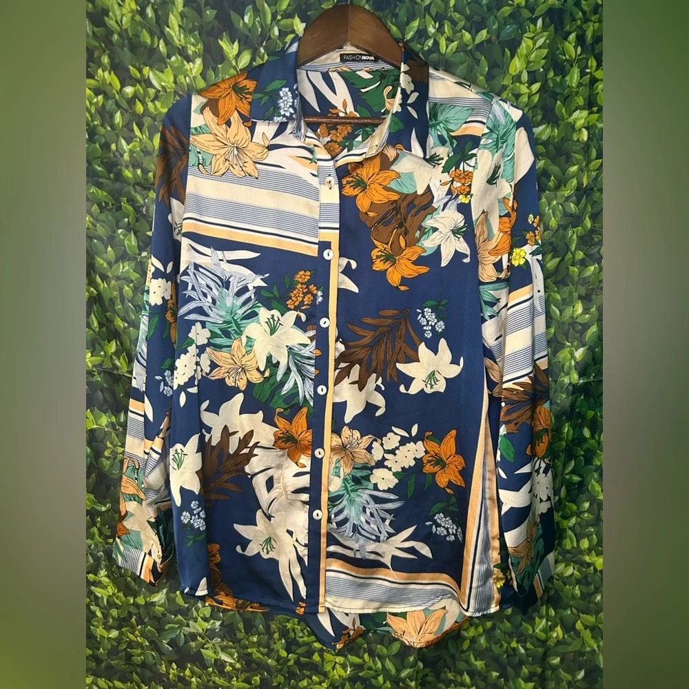 Fashion Nova Floral Button-Down Shirt - Blue and Brown